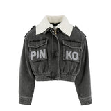 Pinko Kids Giubbino in Denim Washed con Colletto Shearling e Logo per Bambine