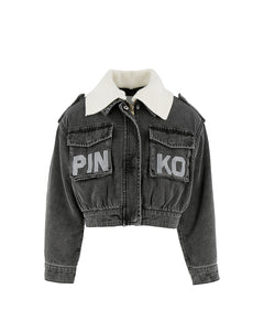 Giubbino Pinko Kids in denim washed con colletto shearling e logo ricamato. Stile vintage e caldo comfort per bambine alla moda.
