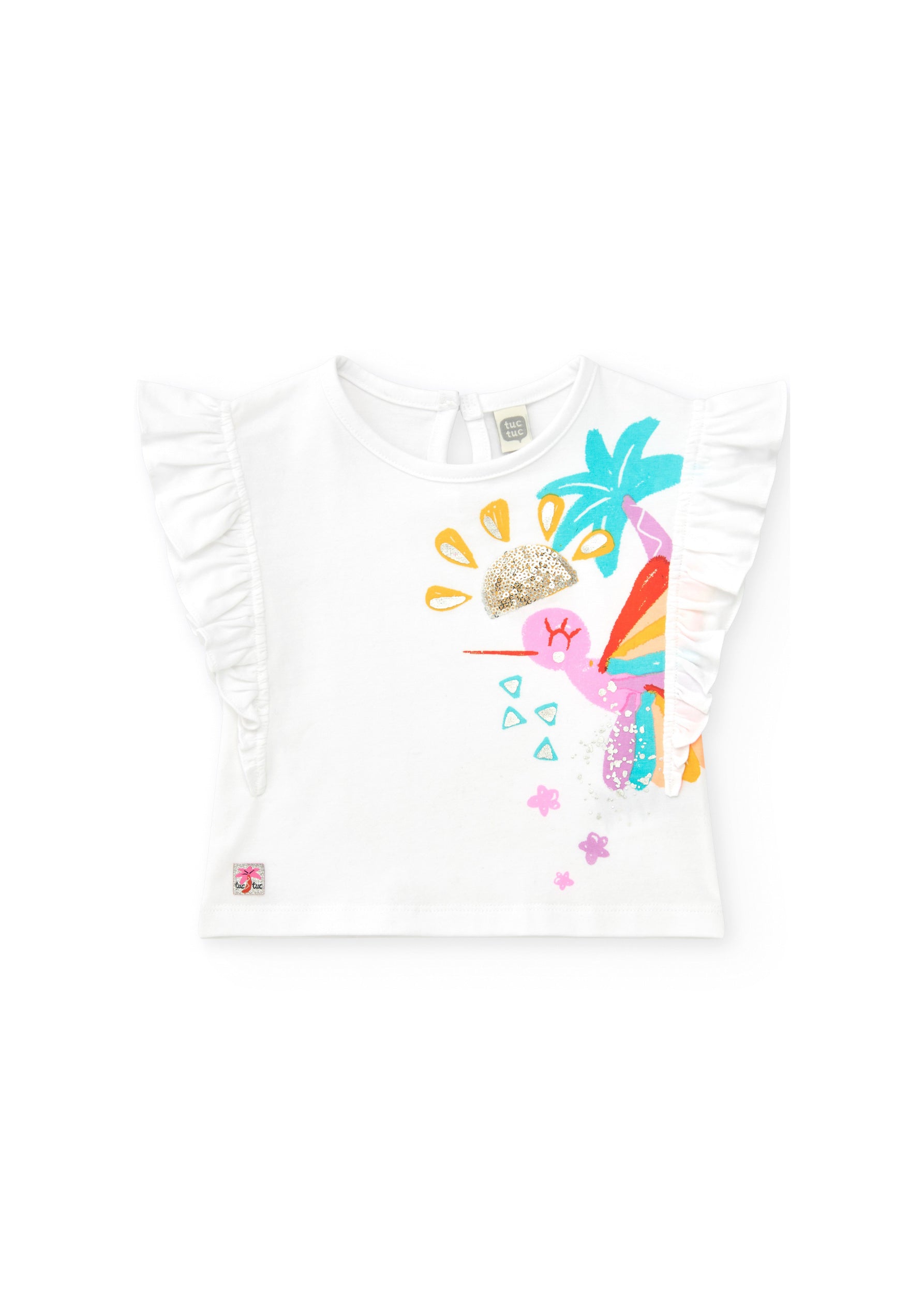 Tuc Tuc T-shirt Bianca con Stampa e Ruches per Neonate