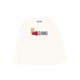 Moschino Kids Maglia Panna a Maniche Lunghe a Girocollo con Stampa Teddy Bear e Cuore Applicato per Neonate