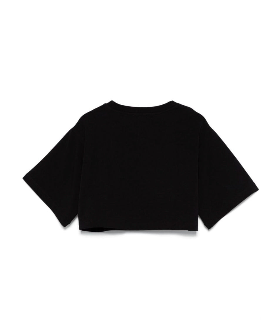 Moschino Kids T-shirt Nera Crop con Logo Borchiato per Bambine (retro)