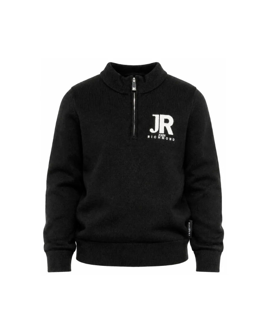 John Richmond Kids Maglione Nero con Mezza Zip e Logo Ricamato Bianco per Bambini