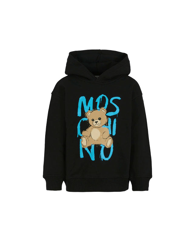 Moschino Kids Felpa con Cappuccio Nera con Stampa per Bambini