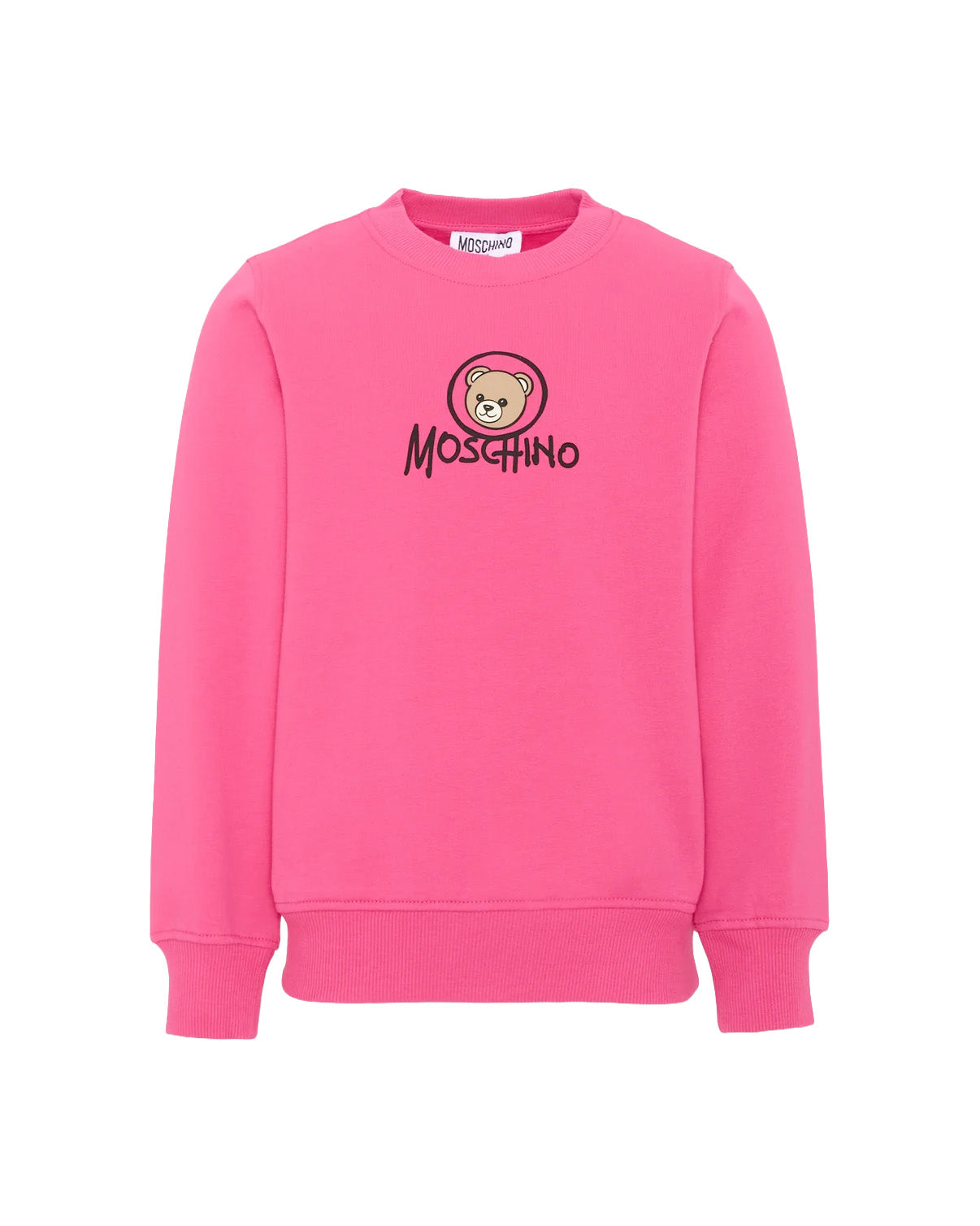 Moschino Kids Felpa Fuxia Girocollo con Stampa Teddy Bear e Logo per Bambine