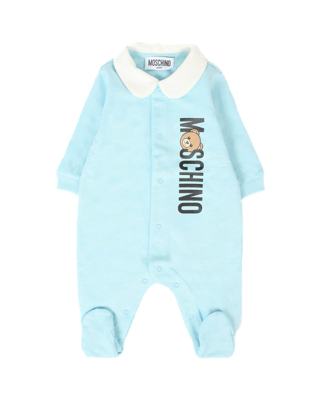 Moschino Kids Tutina Celeste con Logo Vertical per Neonati
