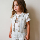 Moschino Kids Smanicato in Denim Bianco a Strisce con Teddy Bear per Neonate