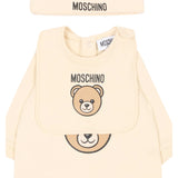 Moschino Kids Set Nascita Beige con Tutina, Cappellino e Bavaglino con Stampa Teddy Bear e Logo per Neonati e Neonate