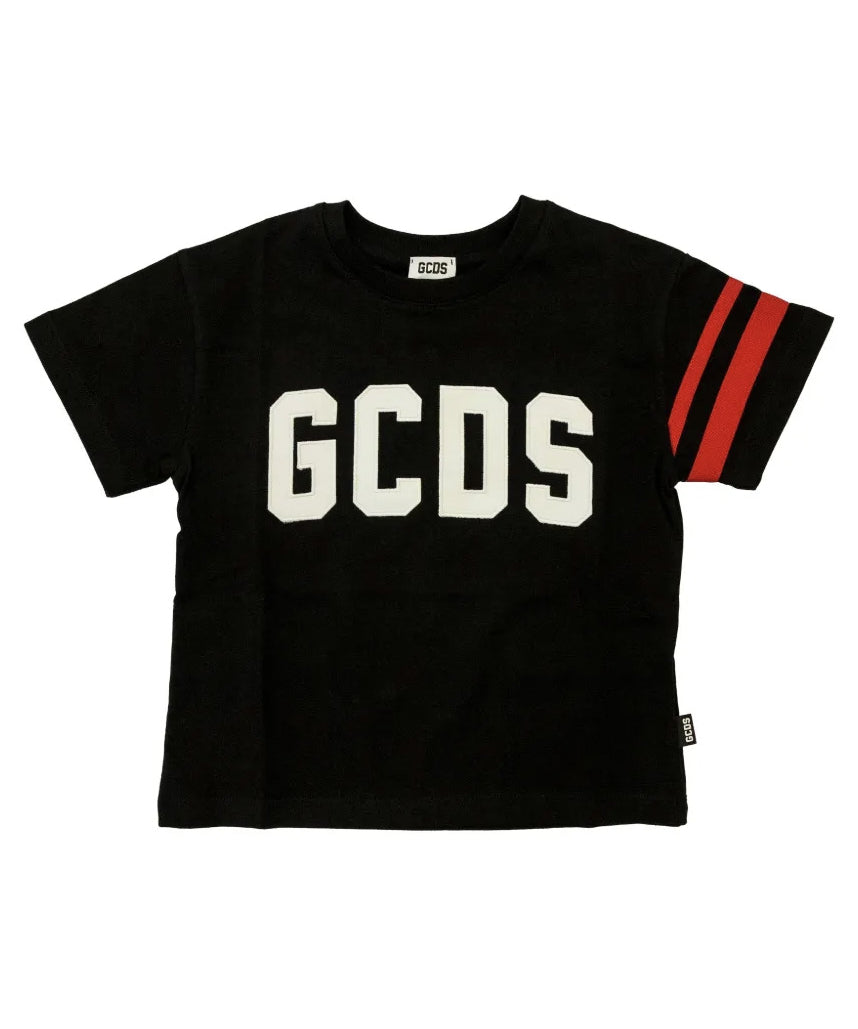 Gcds Kids T-Shirt Nero con Logo Bianco e Dettaglio Manica Fascia Rossa per Bambini