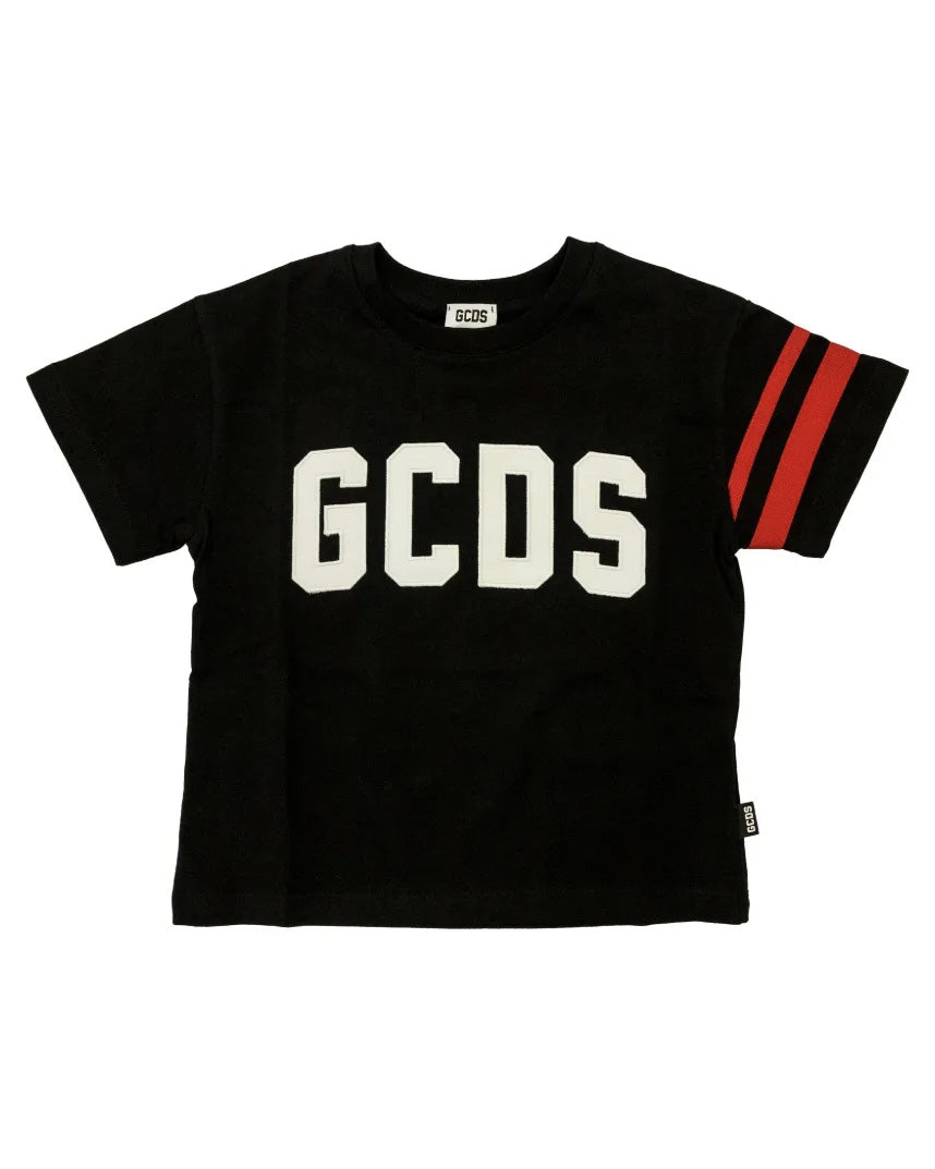 Gcds Kids T-Shirt Nero con Logo Bianco e Dettaglio Manica Fascia Rossa per Bambini