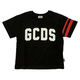 Gcds Kids T-Shirt Nero con Logo Bianco e Dettaglio Manica Fascia Rossa per Bambini