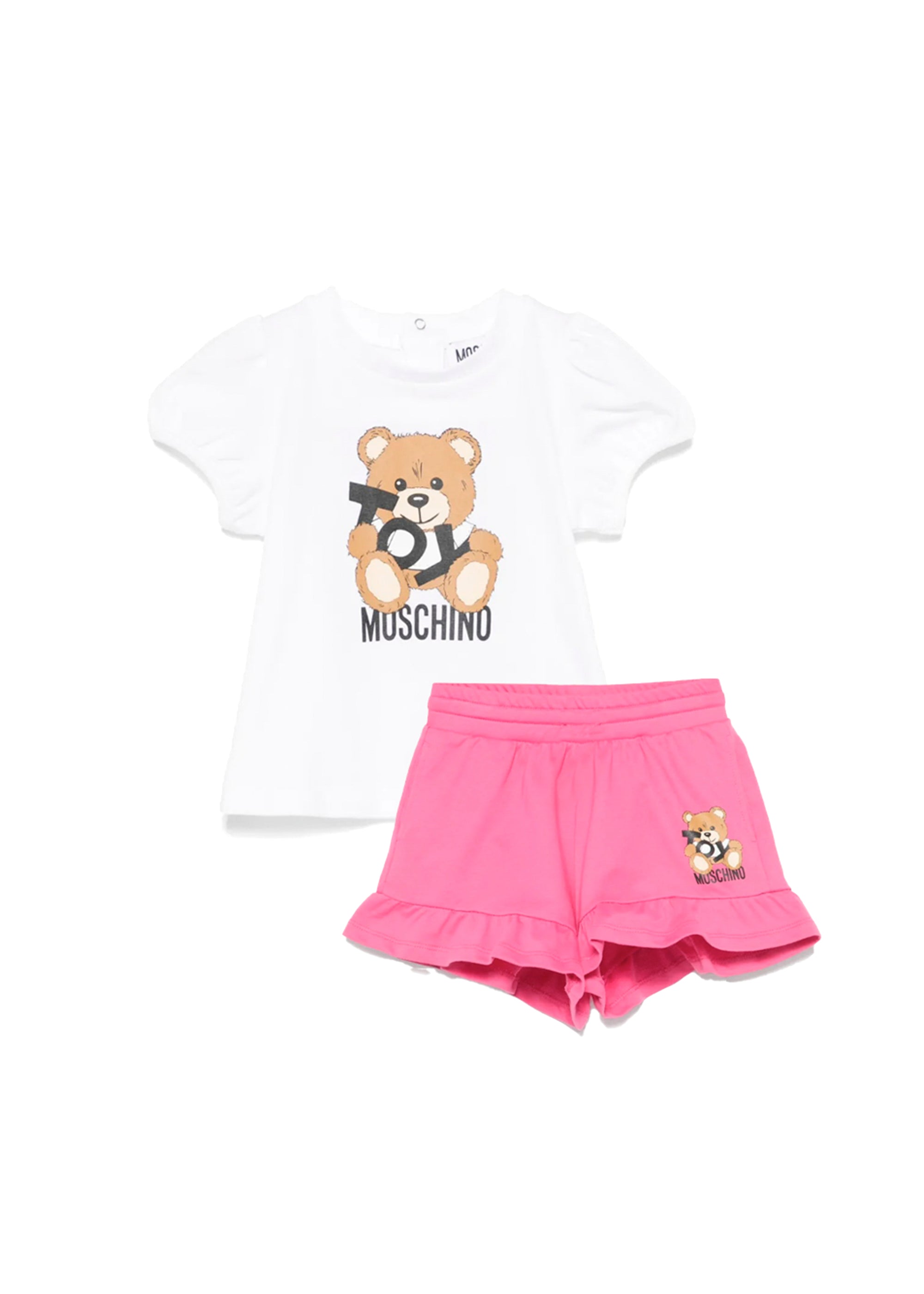 Moschino Kids T-shirt Bianca con Short Fucsia con Stampa per Neonate