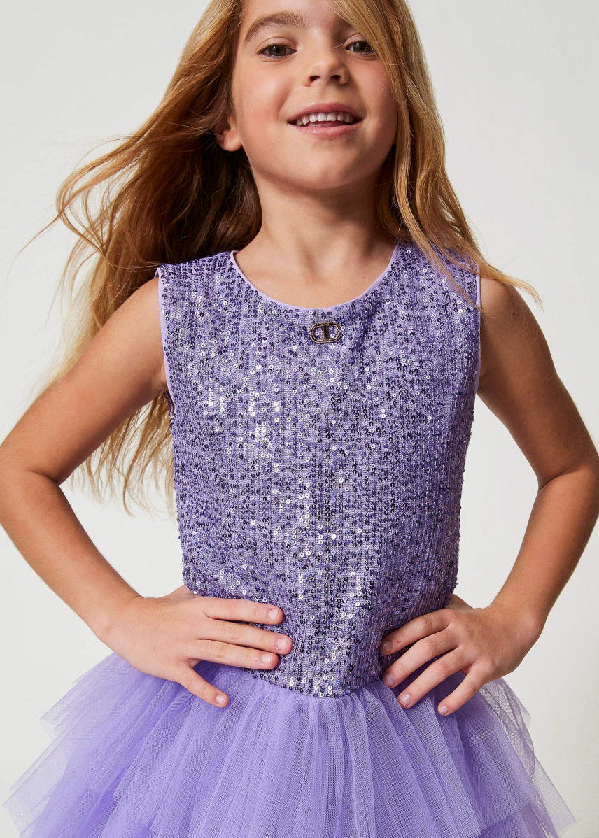 Twinset Kids Abito Viola con Tulle e Paillettes per Bambine (dettaglio)