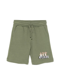 Moschino Kids Short Verde Oliva con Stampa Logo Teddy Bear per Bambini