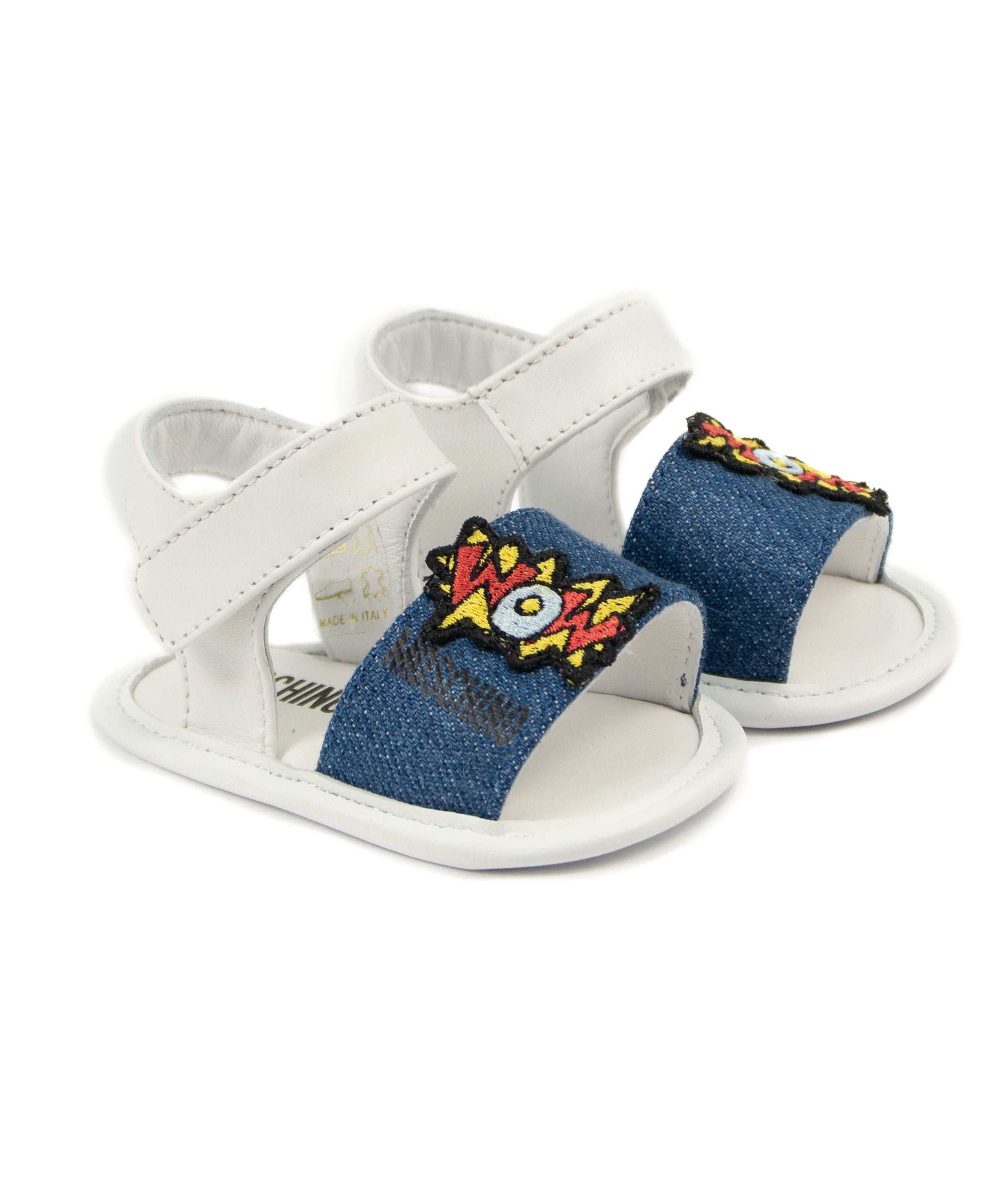 Moschino Kids Sandalo Bianco in Denim con Toppa per Neonati