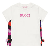 Emilio Pucci Kids T-Shirt Bianco con Logo e Laterali Fantasia con Fiocchi per Neonate