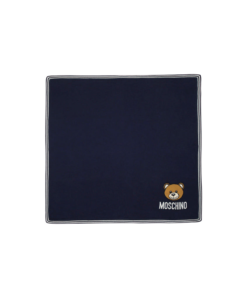 Moschino Kids Coperta Blu Navy con Intarso Teddy Bear per Neonati
