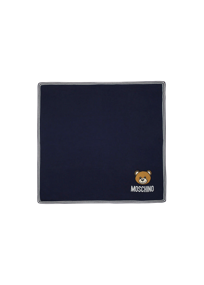 Moschino Kids Coperta Blu Navy con Intarso Teddy Bear per Neonati