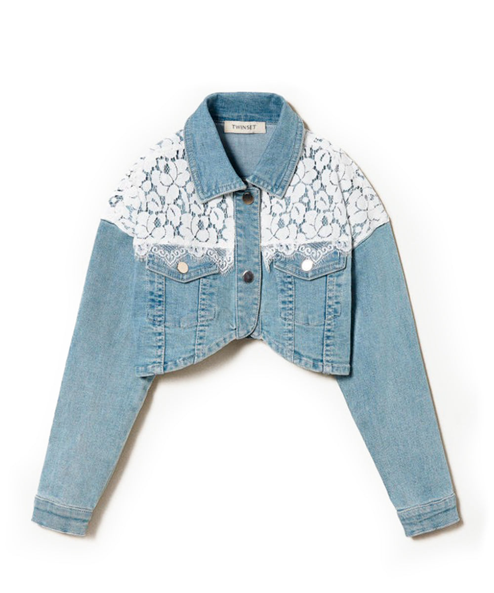 Twinset Kids Giacca Crop in Denim con Pizzo