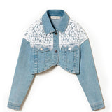 Twinset Kids Giacca Crop in Denim con Pizzo