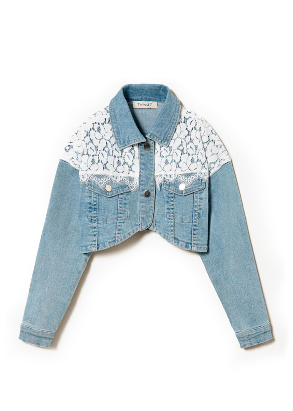 Twinset Kids Giacca Crop in Denim con Pizzo