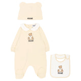 Moschino Kids Set Nascita Beige con Tutina, Cappellino e Bavaglino con Stampa Teddy Bear Unisex