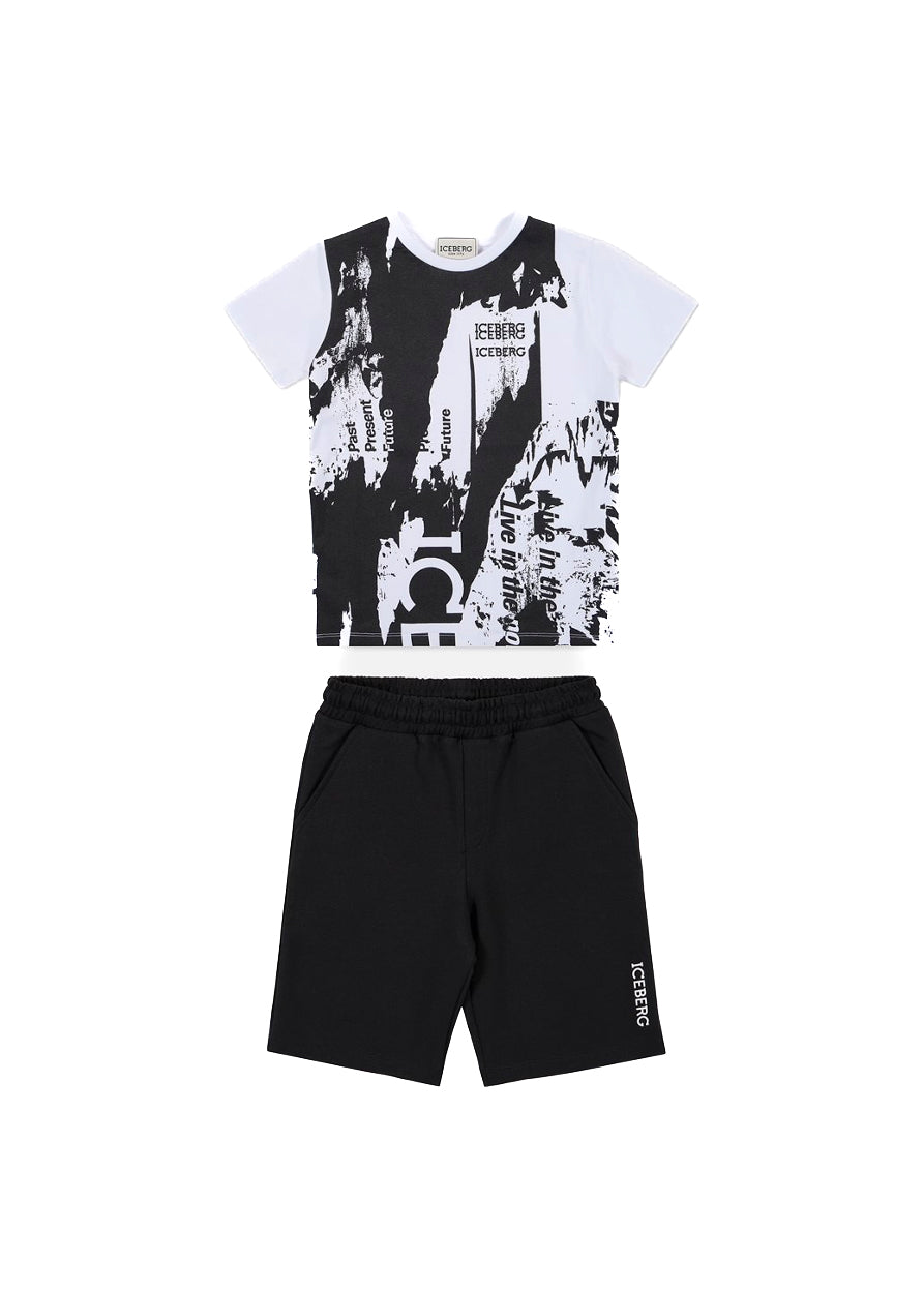 Iceberg Kids T-shirt Bianca con Stampa e Shorts Neri per Bambini