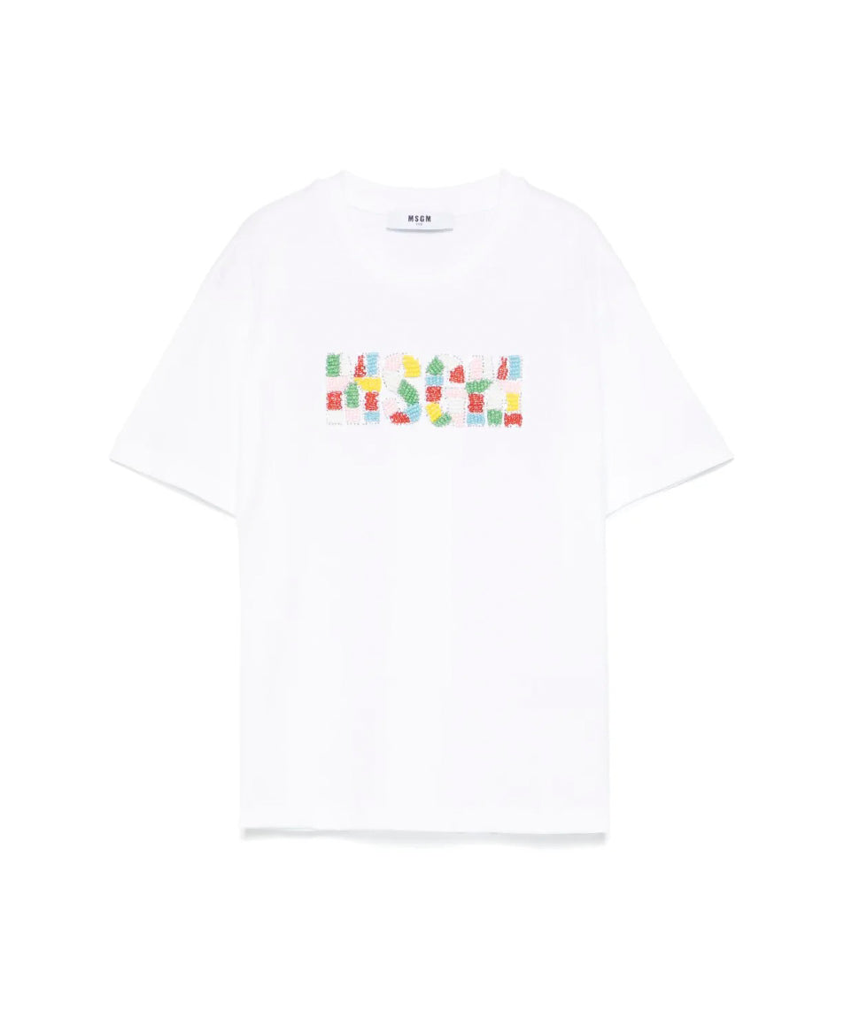 MSGM Kids T-shirt Bianca con Applicazione Perline per Bambine