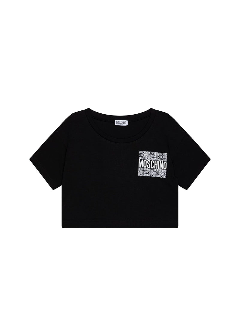 Moschino Kids T-shirt Nera Crop con Stampa per Bambine