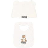 Moschino Kids Set Panna con Cappellino a Orecchie e Bavaglino con Stampa Teddy Bear e Logo per Neonati