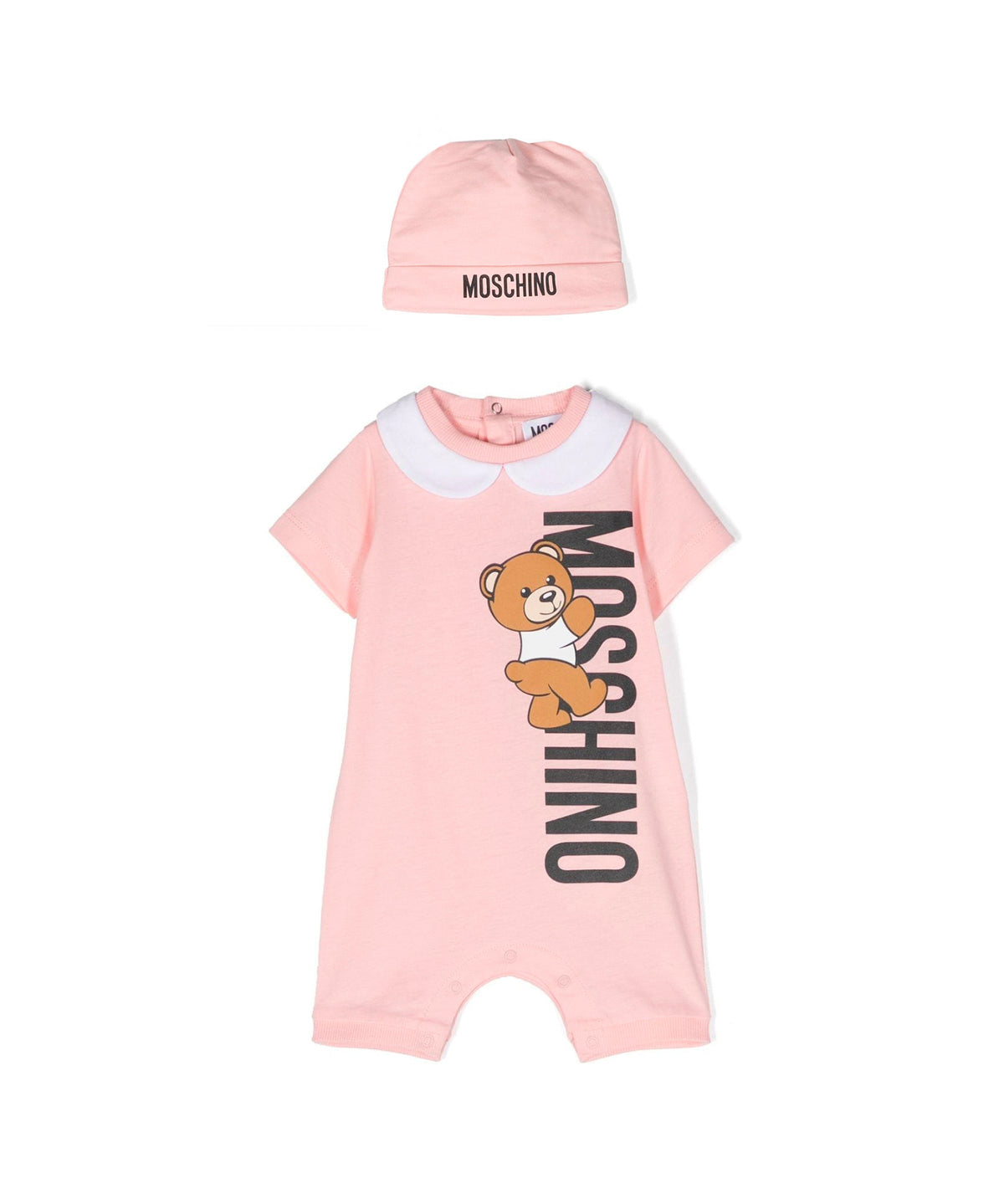 Moschino Kids Pagliaccetto Rosa con Berretto Teddy Bear per Neonati (fronte)