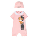 Moschino Kids Pagliaccetto Rosa con Berretto Teddy Bear per Neonati (fronte)