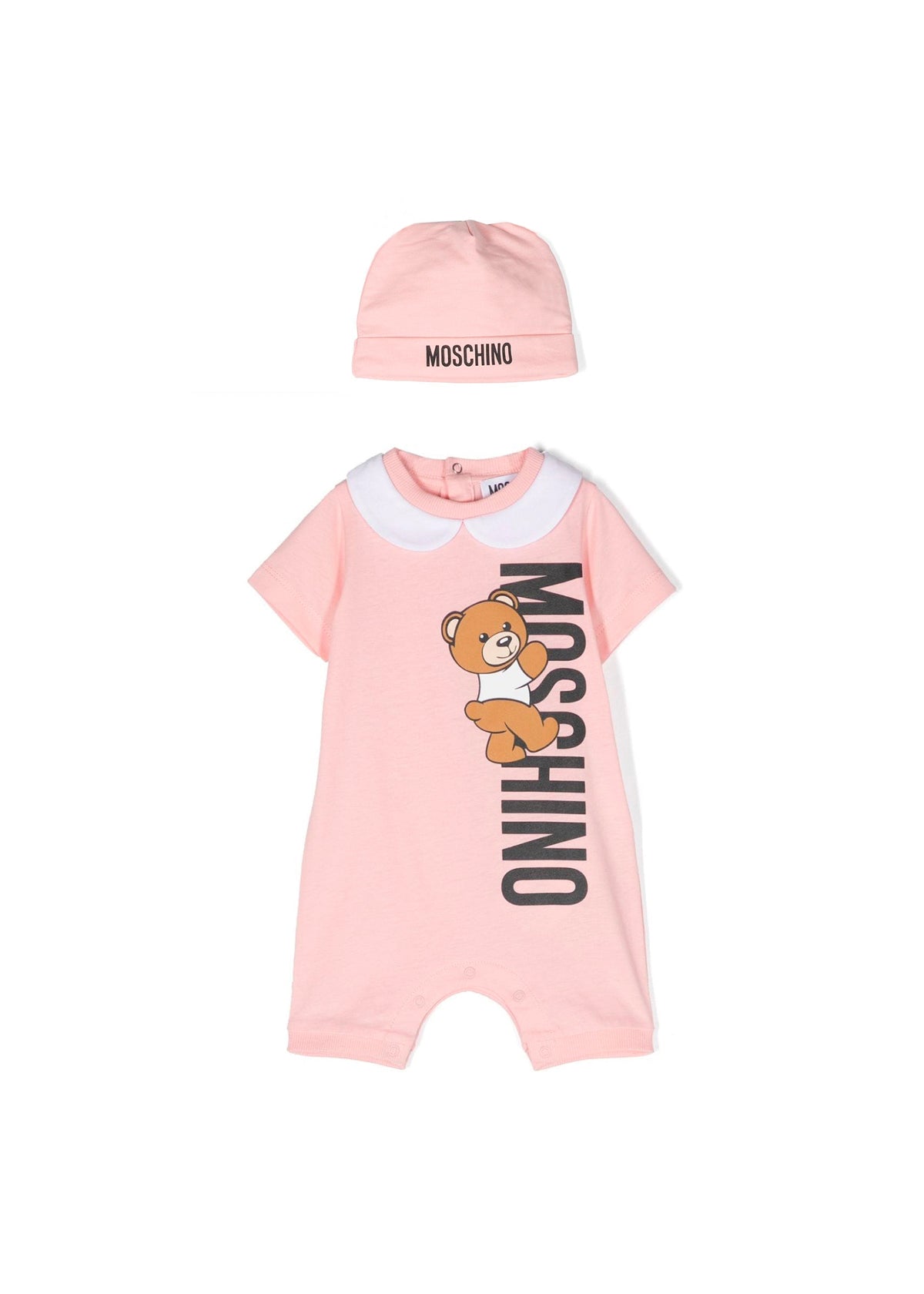 Moschino Kids Pagliaccetto Rosa con Berretto Teddy Bear per Neonati (fronte)