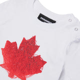 Dsquared2 Kids T-shirt Bianca con Stampa Logo Foglio D'acero con Bottoni Apertura Spalla per Neonati