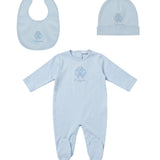 Roberto Cavalli Kids Set Neonato Cappellino+Tutina+Bavetta Celeste con Ricamo Logo per Neonati