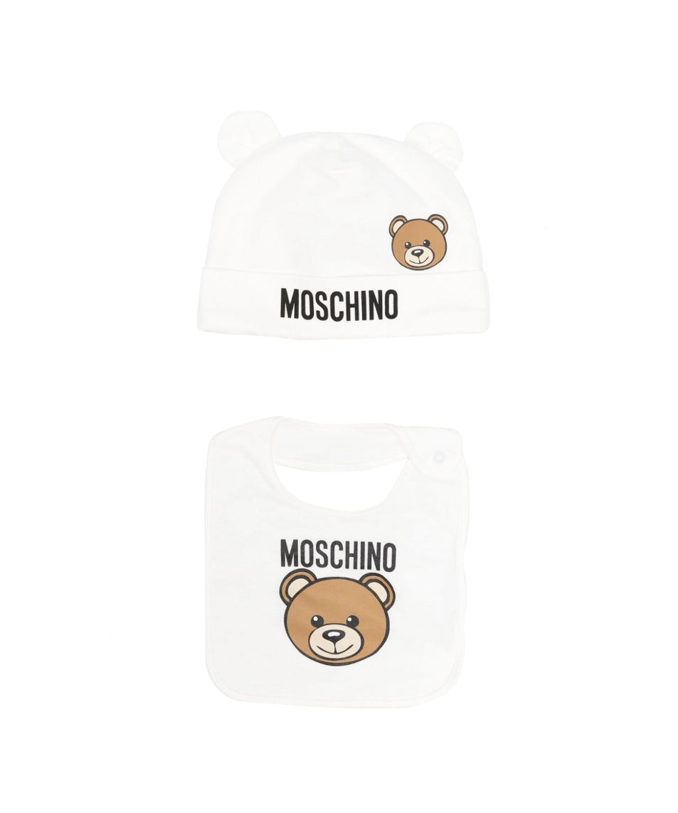 Moschino Kids Cappellino con Bavetta Panna con Teddy Bear per Neonati