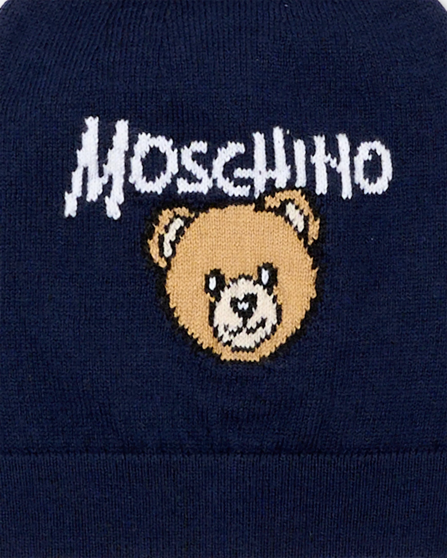 Moschino Kids Cappellino Blu in Maglia con Teddy Bear e Logo Unisex