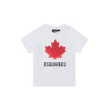 Dsquared2 Kids T-shirt Bianca con Stampa Logo Foglio D'acero con Bottoni Apertura Spalla per Neonati
