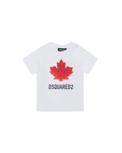 Dsquared2 Kids T-shirt Bianca con Stampa Logo Foglio D'acero con Bottoni Apertura Spalla per Neonati