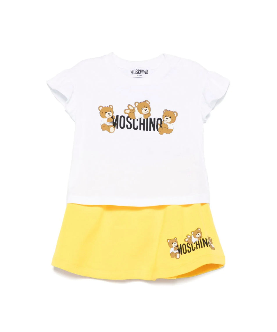 Moschino Kids T-shirt Bianca con Gonna Gialla con Stampa per Neonate