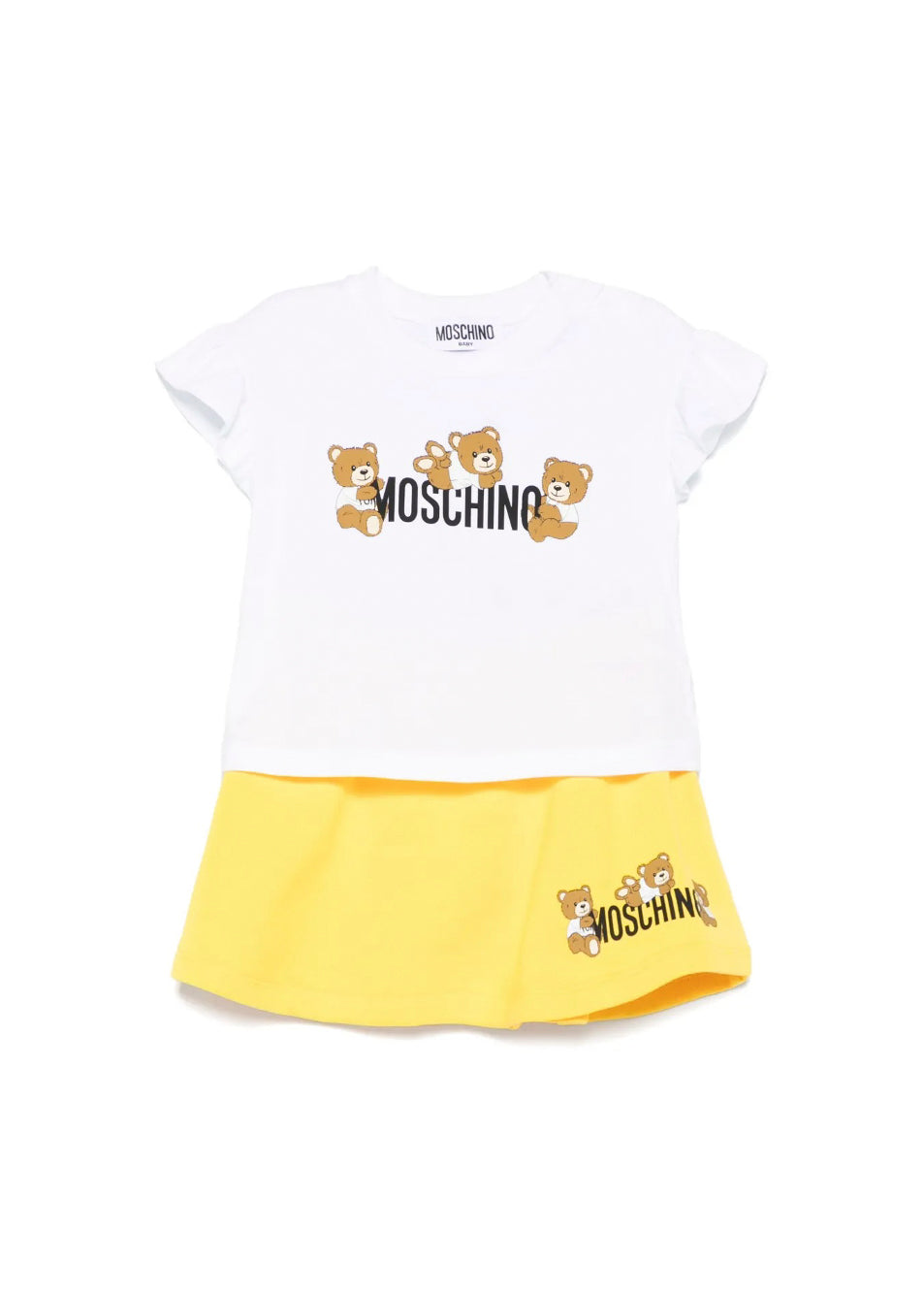 Moschino Kids T-shirt Bianca con Gonna Gialla con Stampa per Neonate