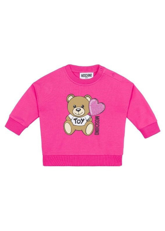 Moschino Kids Felpa Girocollo Fucsia con Stampa per Neonate
