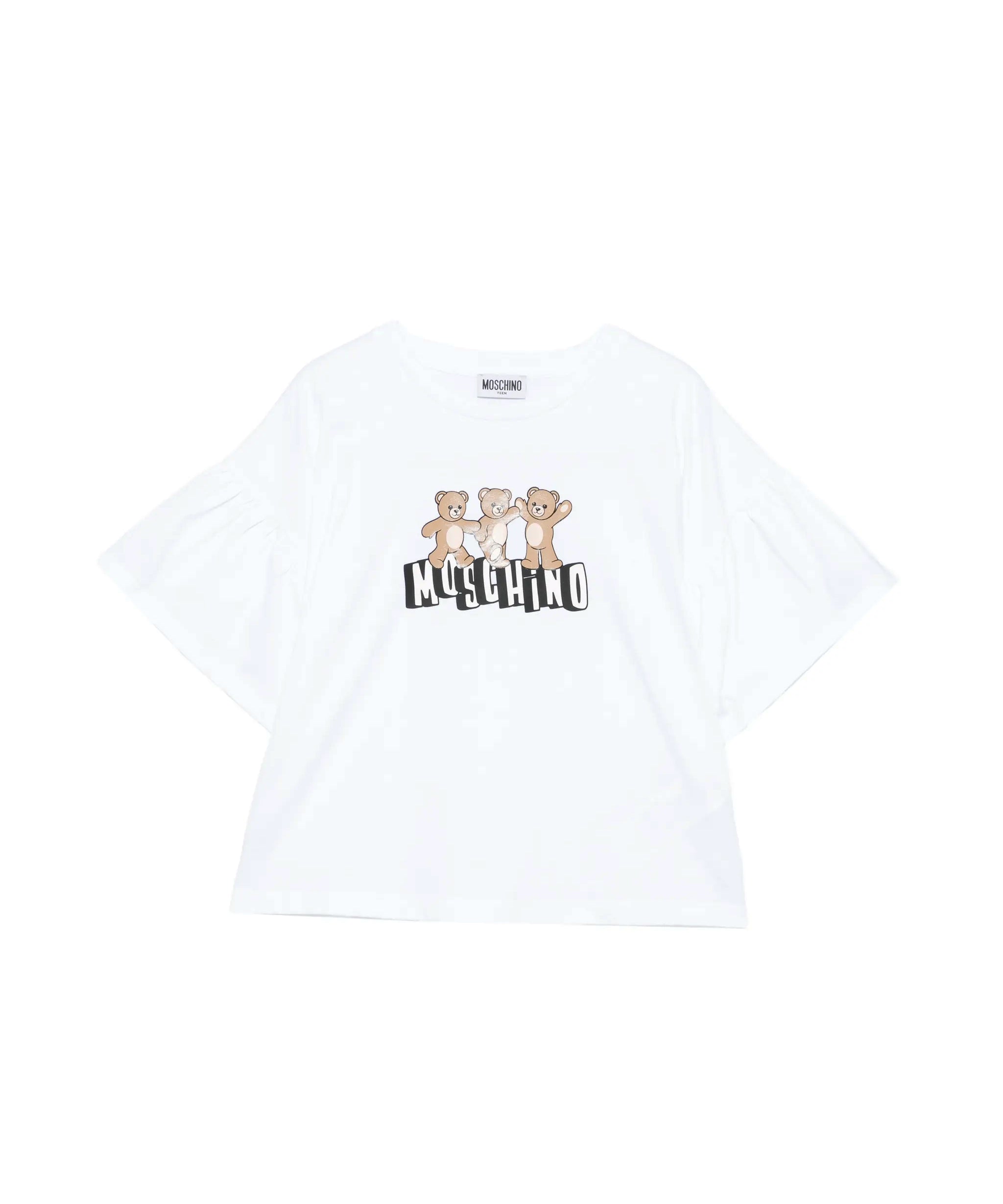 Moschino Kids T-Shirt Bianco Crop con Manica Rouches per Bambine