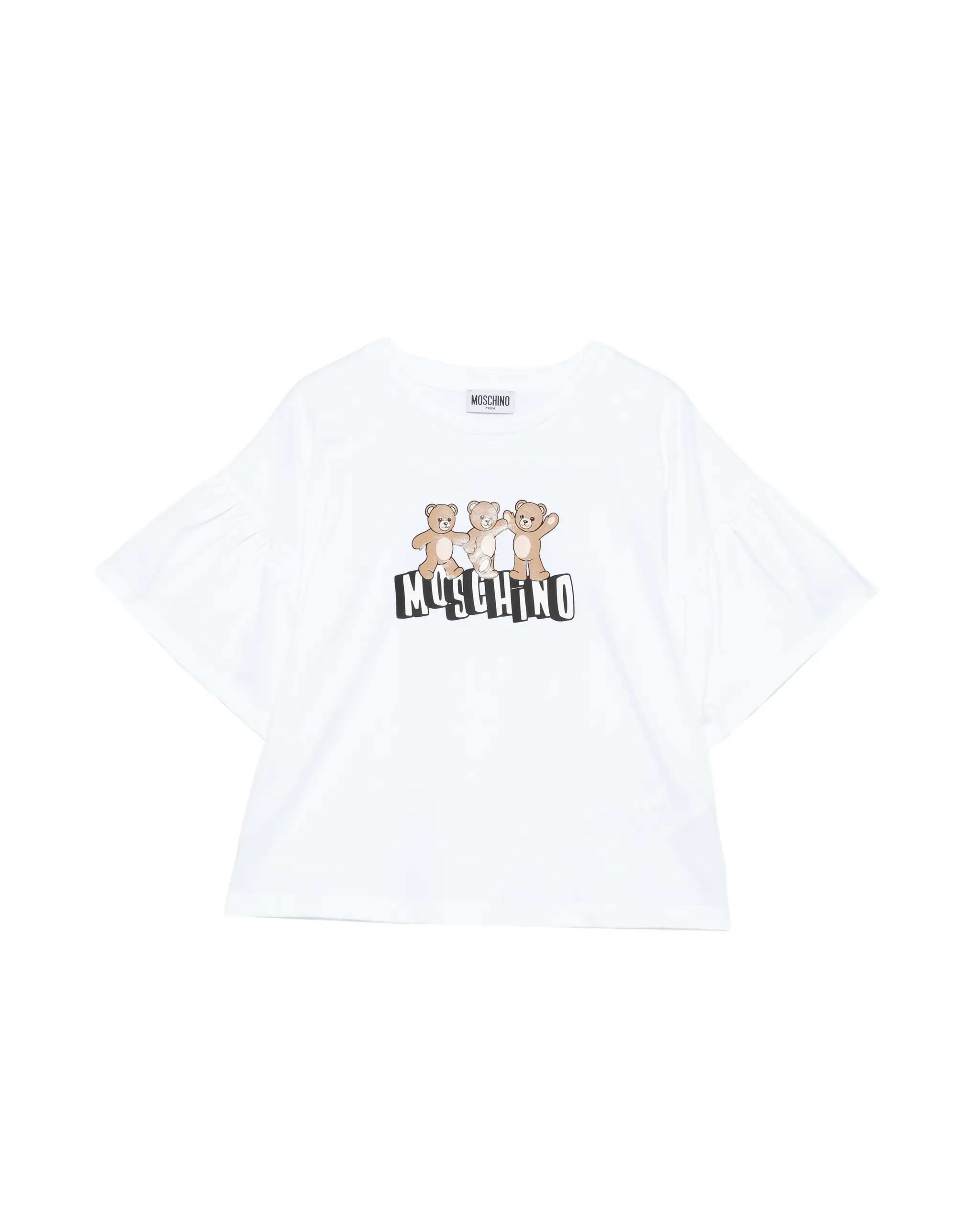 Moschino Kids T-Shirt Bianco Crop con Manica Rouches per Bambine