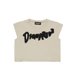 T-shirt Dsquared2 Kids t-shirt Beige Smanicata Cropped con Logo a Contrasto per Bambine