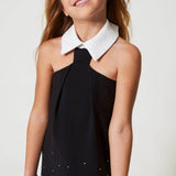 Twinset Kids Black Crepe Dress with Rhinestones for Girls