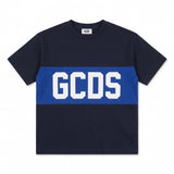 Gcds Kids T-Shirt Nero con Banda Logata Blu per Bambini
