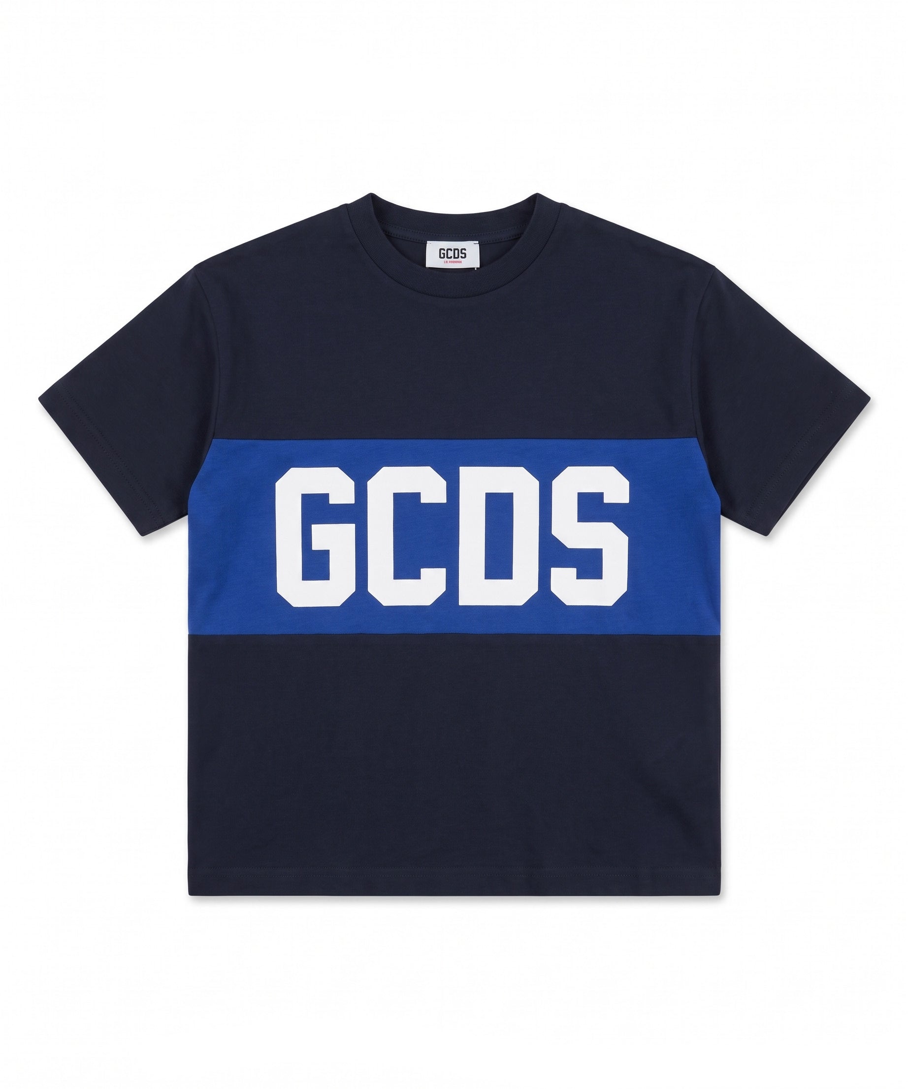 Gcds Kids T-Shirt Nero con Banda Logata Blu per Bambini