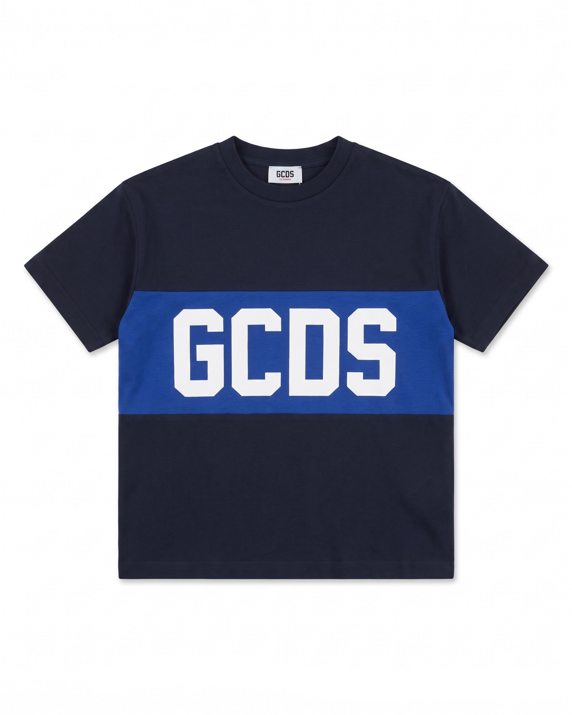 Gcds Kids T-Shirt Nero con Banda Logata Blu per Bambini