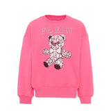 Philipp Plein Kids Felpa Fucsia Girocollo con Stampa Teddy Bear Strass e Logo per Bambine