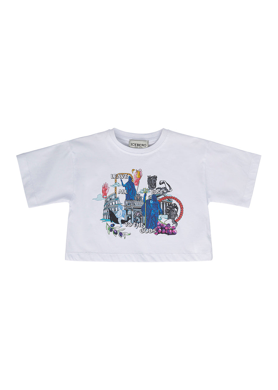 Iceberg Kids T-shirt Crop Bianca con Stampa per Bambine